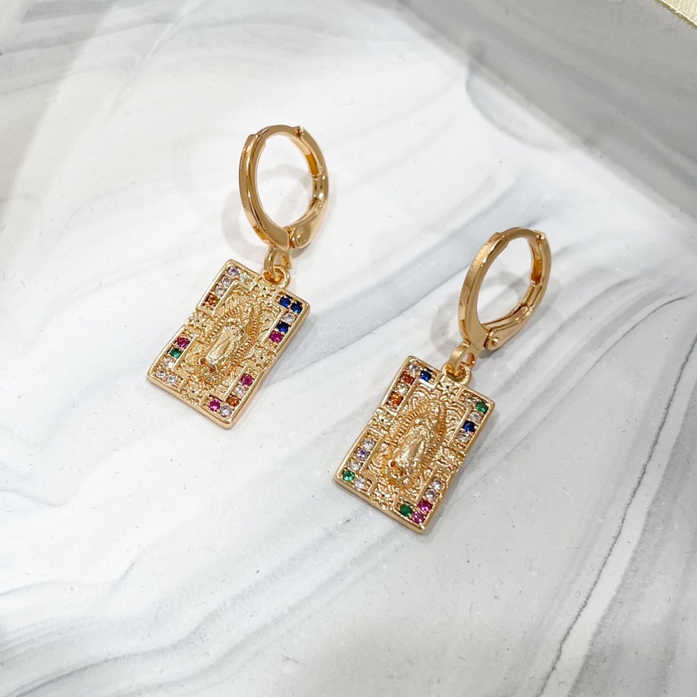 14k GF Multi-Color Mary Diamond Cut Medallion Earrings - Picture 3 of 4